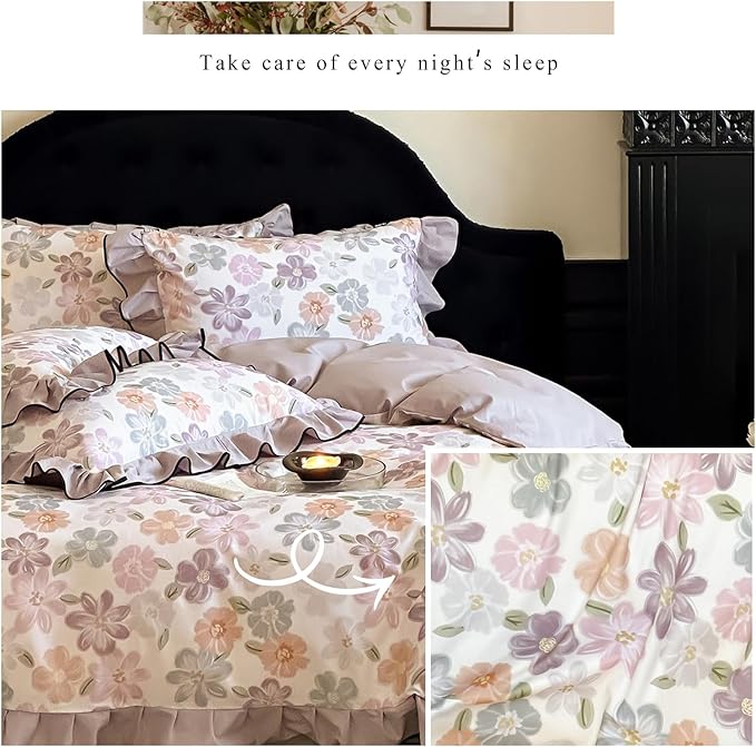 HighBuy Floral Ruffle Duvet Cover Twin Size,Brushed Cotton Soft Coquette Ruffle Flower Bedding Duvet Cover Set,Blush Floral Shabby Chic Farmhouse Duvet Cover and Pillow Shams,Purple - Twin