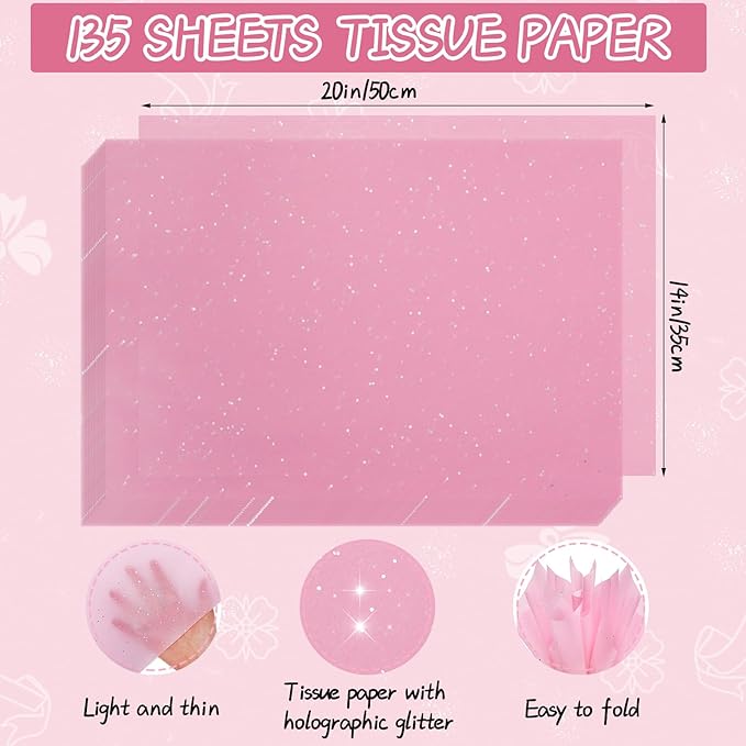 woric 135 Sheets Glitter Pink Tissue Paper 20 x 14 Inch Light Pink Tissue Paper for Gift Bags Wedding Girls Party Baby Shower Birthday Christmas Decor Art DIY Project