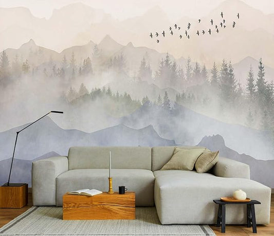 Foggy Forest Wallpaper Mural Bird Mountain Woodland Wall Murals for Bedroom Living Room (Not self-Adhesive)