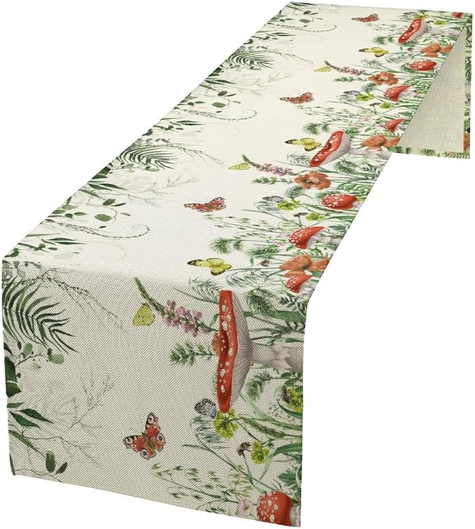 Watercolor Mushroom Table Runner, Boho Vintage Green Plant Butterfly Wildflower Eucalyptus Leaf Print Table Cover for Home Holiday Party Indoor Outdoor, 13x108inch