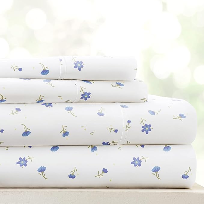 Linen Market Double-Brushed Patterned Microfiber Queen Sheet Set 4 Piece – Oeko-TEX Certified Ultra Soft & Wrinkle-Free - 16" Deep Pocket Sheets - Easy Care Queen Size - Soft Floral Light Blue