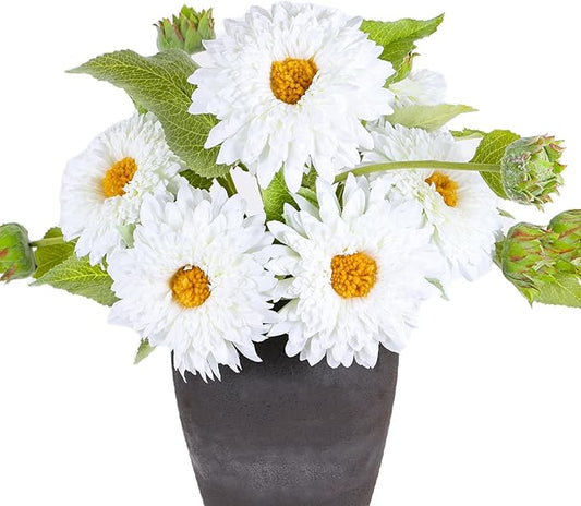 Kimura's Cabin 5Pcs White Artificial Silk Flowers Fake Sunflowers Bouquet Long Stems Faux Sunflower Real Touch Chrysanthemum for Wedding Home Garden Birthday Party Indoor Decor（White）