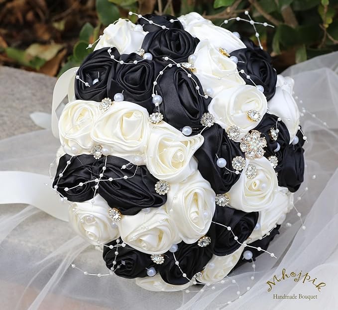 Bridal Wedding Bouquet Round Bling Brooch Bouquet Throw Toss Artificial Rose Flower Bunch for Bride Bridesmaid Wedding Quinceanera(Black & Ivory, 9.8")