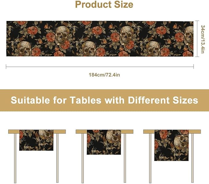 Gothic Table Runner,Vintage Skull Red Floral Pattern Table Runner for Home Kitchen Table Dining Garden Farmhouse Wedding Party Decor 13x70 Inch
