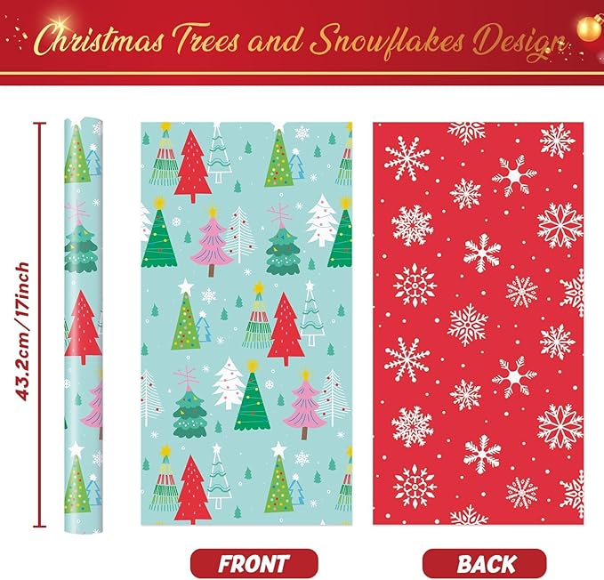 WERNNSAI Christmas Tree Wrapping Paper - 1 Roll 17”x 33 ft Christmas Gift Wrapping Paper for Kids Reversible Snowflake Wrap Papers Red Green Holiday Gift Wrap for Family Friends Xmas Winter Party