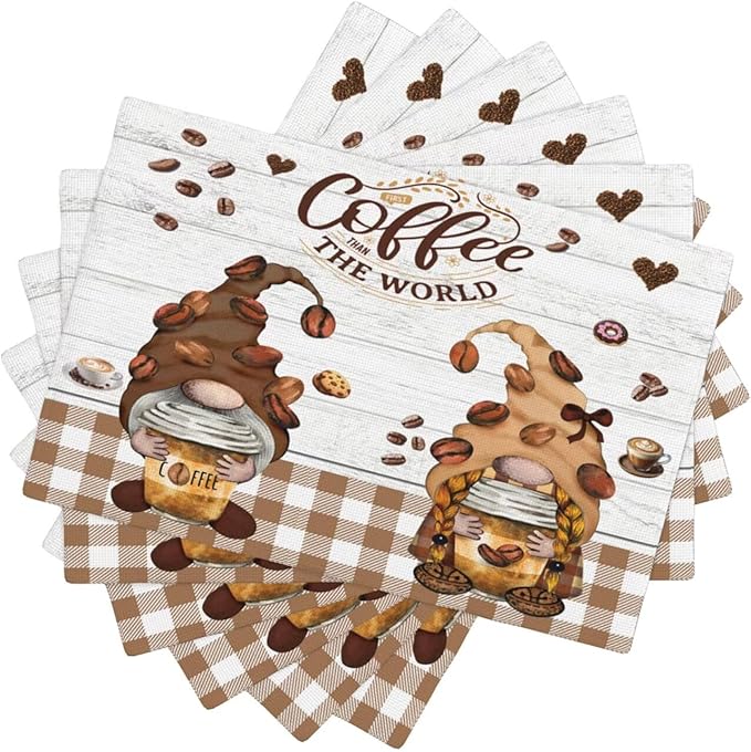 Coffee Gnomes Linen Placemats Set of 6 Brown Buffalo Plaid Placemat Indoor Outdoor Party Home Desktop Kitchen Dining Room Decoration 12x18 Inch