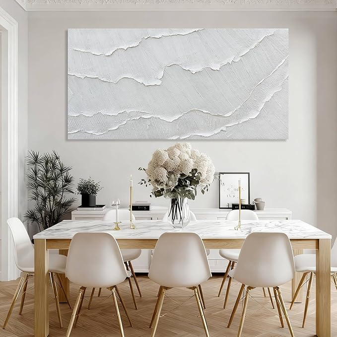 WINKAILIN White Abstract Textured Wall Art Modern 24x48 inch Canvas Ocean Wave Artwork Minimalist Hand-drawn Painting Contemporary White Posters Print for Living Room Bedroom Office Décor
