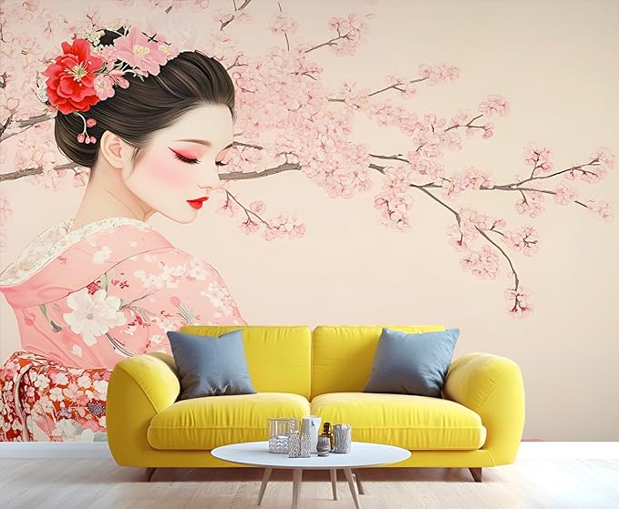 Japanese Cherry Blossom Wall Mural, Kimono Woman Geisha 3D Wall Murals, Oriental Beauty Wallpaper Mural, for Living Room Bedroom Large Wallpaper Indoor Decor 78.7" W x55.1 H