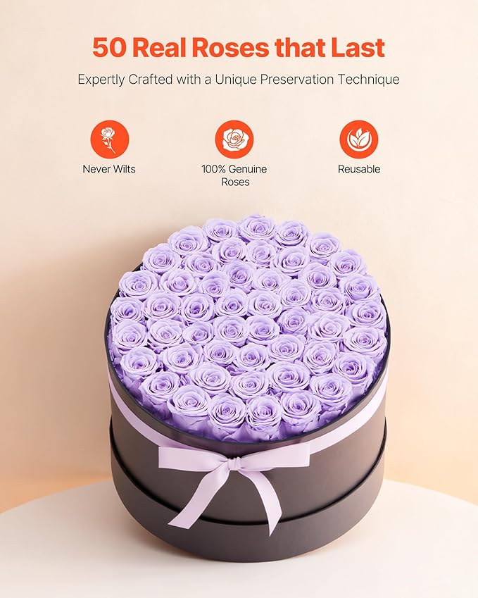 VEVOR Forever Flowers, 50 Preserved Roses in a Box, Eternal Flowers Immortal Bouquet Birthday Present for Women Her Wife Mothers, Anniversary, Valentine's Day,Christmas, Lavender Purple
