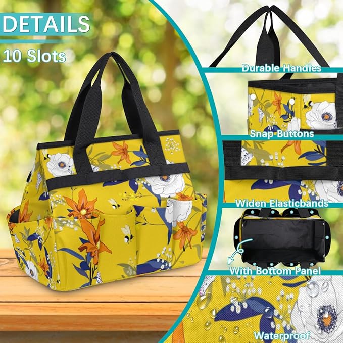 Flower Bee Butterfly Garden Tool Tote Bag for Women Men Gardening Tool Storage Bags with 10 Pockets Standable Garden Home Tool Kits Organizer for Indoor Outdoor Gardening Gifts