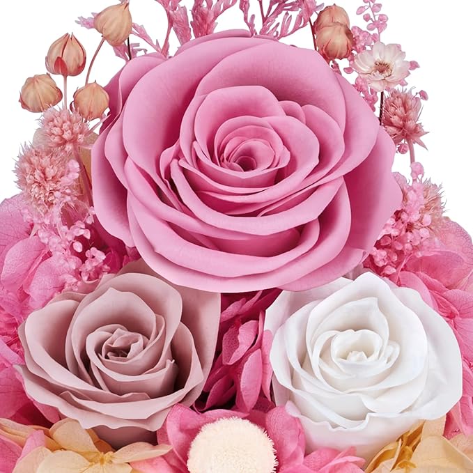 Preserved Flowers in Glass Angel Figurine with LED Light,Forever Real Roses Prime Eternal Flower Birthday Glitter Decorations for Her Women Mom Grandma Sister (Pink)