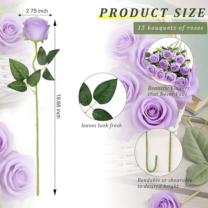 Roses Artificial Flowers 15 PCS, Fake Roses Silk Flowers with Long Stems, Faux Rose for Wedding Centerpieces, Home Decor, Indoor Floral Arrangements, Party Decor, DIY Bouquet (Light Purple)