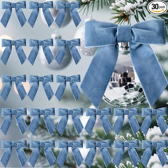 30 Pcs Velvet Ribbon Bows 5" x 4" Pre Tied Christmas Velvet Bows with Twist Tie for Gift Packaging Christmas Tree Wreaths Door Windows Wedding Party Decoration(Dusty Blue)