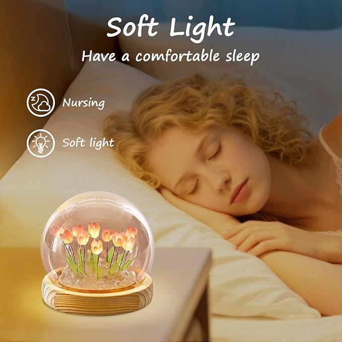 Tulips Lamp Gifts for Women, Tulips Artificial Flowers Night Light, Light Up Pink Tulip in Glass Dome for Bedroom, Unique Birthday Gifts for Women, Mom, Sister, Friends, Cute Home Decor
