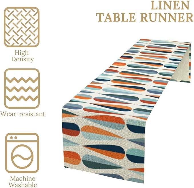 Mid Century Modern Table Runner Retro Blue Orange Grey Water Droplets Geometric Table Runner for Kitchen Dining Room Dining Table Decoration 13x90in