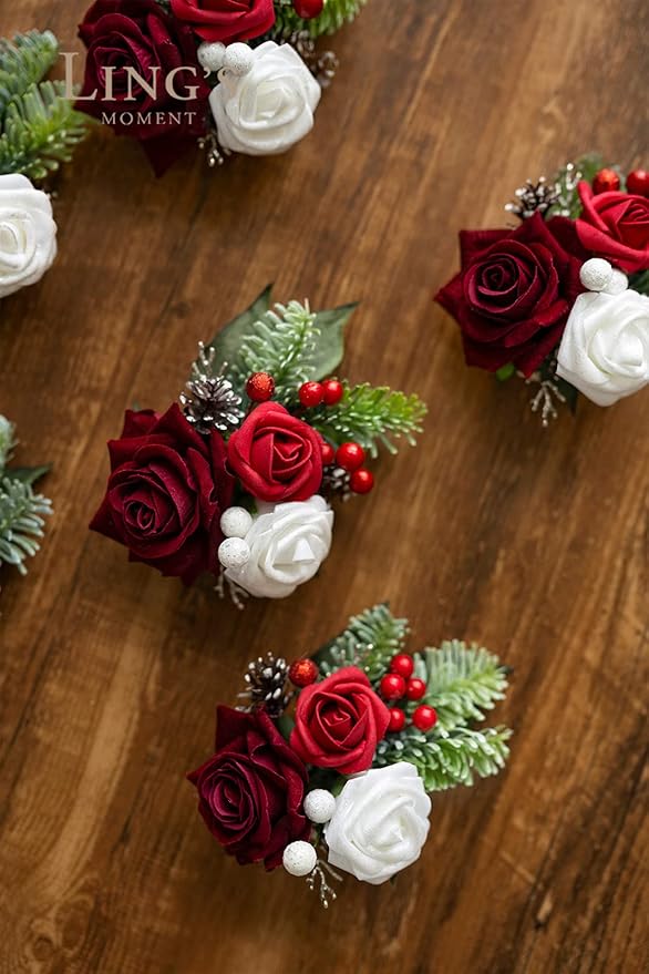 Ling's moment 6pcs Wedding Wrist Corsage Artificial Flowers, Girl/Mother Homecoming Prom Corsages Wristlet Décor, etc. Christmas Red Berry