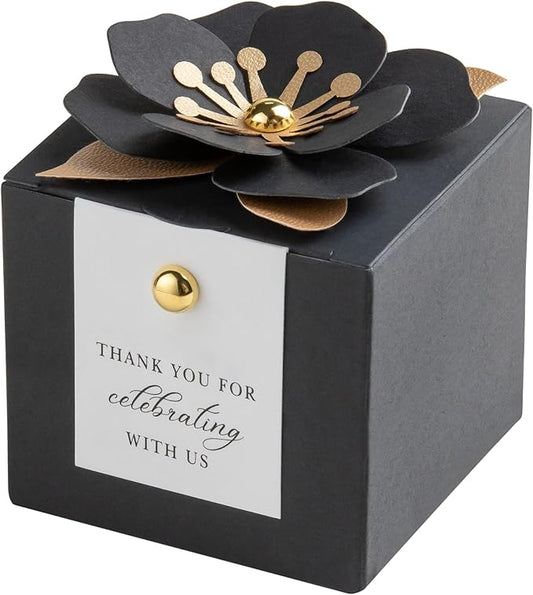 FEIYI 20 PCS Candy Boxes, 3 In 1 Black Favor Boxes with Floral Decor, White Thank You Tags Gift wrapping for Wedding Birthday Baby Shower Decorations Party -2.55x2.55x2.55''