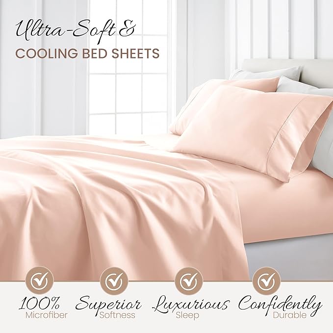 Linen Market Brushed Microfiber King Sheet Set 4 Piece – Oeko-TEX Certified Ultra Soft & Wrinkle-Free - 16" Deep Pocket Sheets - Easy Care King Size - Blush