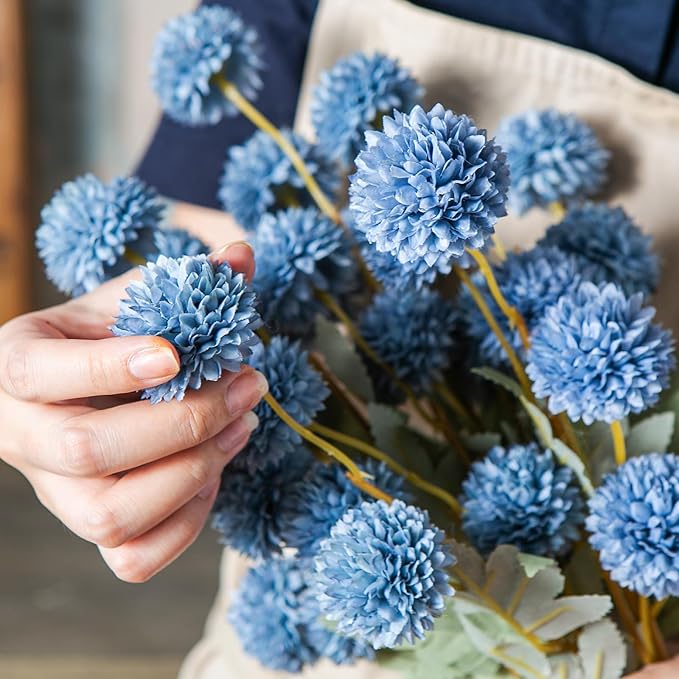 6 Artificial Silk Flowers + 3 Eucalyptus, Artificial Chrysanthemums with Stems for Home Decor, Dusty Blue