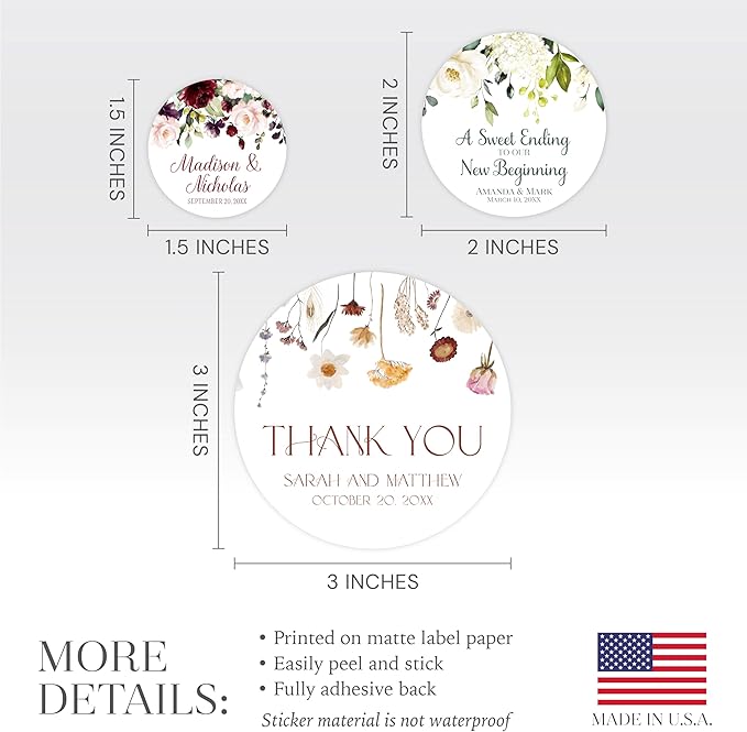 Personalized Floral Wedding Stickers with Your Choice of 30 Flower Styles - Choose Font and One of Five Pre-made Phrases or Add Custom Text (009 - Magnolia)
