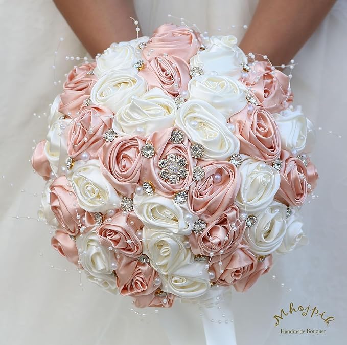 Bridal Wedding Bouquet Round Bling Brooch Bouquet Throw Toss Artificial Rose Flower Bunch for Bride Bridesmaid Wedding Quinceanera(Peach Pink & Ivory, 6.3")