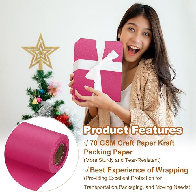 PATIKIL Wrapping Paper, 15" x 394"(33') 70 GSM Craft Paper Roll Kraft Packing Paper for Poster Bulletin Board, Gift Wrapping, Dark Pink