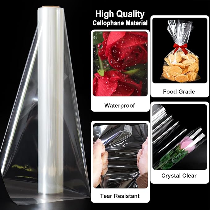 SYOGUA 100 ft Extra Wide Clear Cellophane Wrap Roll, 34" x 100', Thicker Transparent Paper for Gifts, Treats, Holidays, Christmas