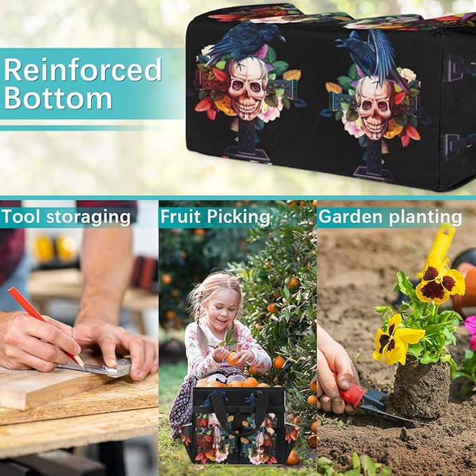 Garden Tool Tote Bag for Women Men Raven Skull Rose Gardening Tool Storage Bags with 10 Pockets Standable Garden Home Tool Kits Organizer for Indoor Outdoor Gardening Gifts
