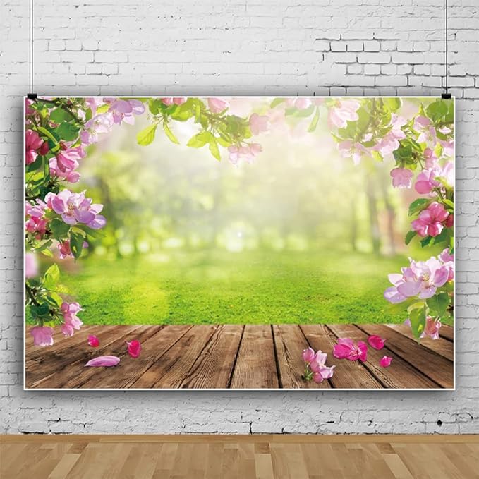 Renaiss 8x6ft Spring Nature Scenery Pink Flower Blossom Green Leaves Wood Floor Park Floral Meadow Photography Background for Wedding Baby Shower Birthday Party Decor Photo Studio Props