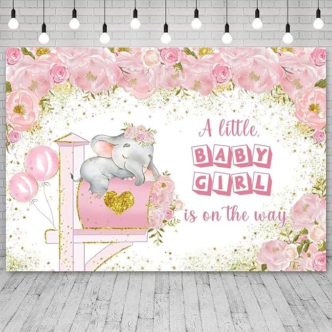 15x10ft Elephant Baby Shower Backdrop A Little Baby Girl is On The Way Photography Background Pink Floral Balloon Mailbox Baby Girls Party Banner Decorations Newborn Portrait Photo Booth Prop