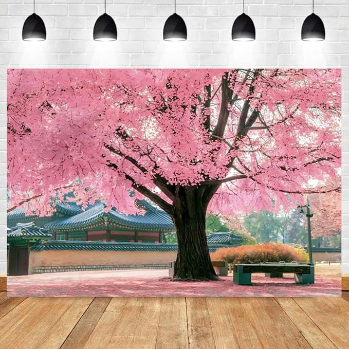 Renaiss 5x3ft Pink Cherry Blossom Backdrop Polyester Fabric Japan Cherry Floral Tree Landscape Palace Asian Themed Party Photography Background Wedding Birthday Party Decor Photo Booth Props