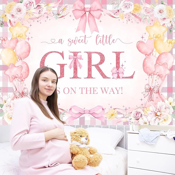 Mocsicka Bow Baby Shower Backdrop Pink Floral Baby Girl Shower Photo Background Banner Sweet Little Girl on The Way Decorations for Baby Shower Party Supplies Photo Props (6x4ft (72x48 inch))