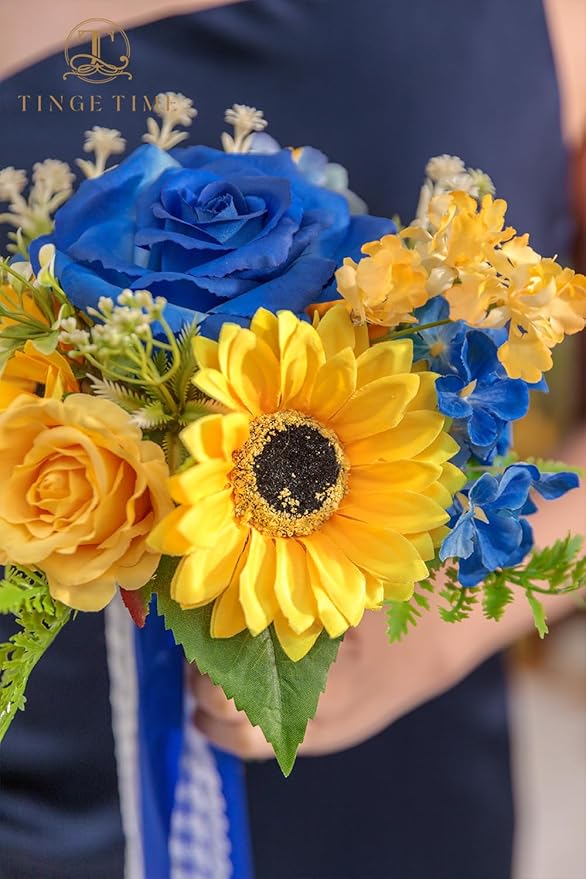 TINGE TIME Bridesmaid Bouquets for Wedding Set of 4 Sunflower & Royal Blue 7 Inch Wedding Bouquets Artificial Silk Flowers Bridal Bouquets for Bridesmaids, Wedding Decor, Anniversary