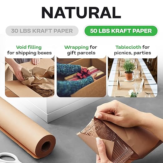 IDL Packaging 36" x 8640" (720 feet) - Brown Kraft Paper Roll - 50lb Thickness - USA-Made Heavy Duty Paper for Packing, Moving, Shipping, Crafts - 100% Recyclable Natural Kraft Wrapping Paper