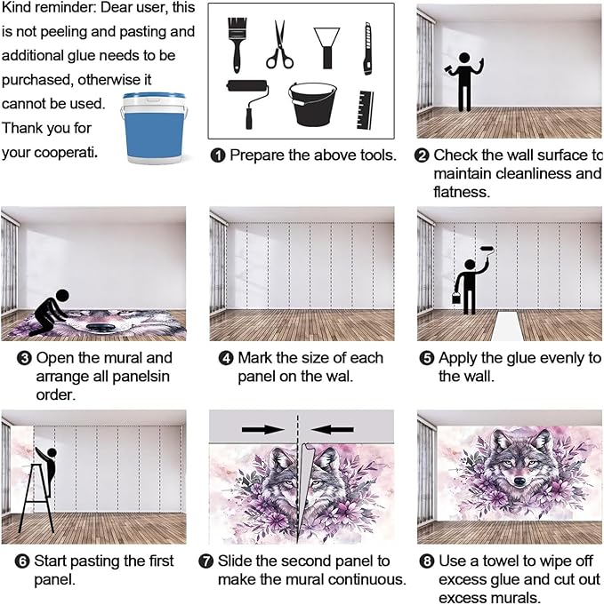 Wolf with Floral Watercolor Wall Mural, Purple Wolf Watercolor Art 3D Wall Murals, Art Flower Painting Wallpaper Mural, for Living Room Bedroom Large Wallpaper Indoor Decor 78.7" W x55.1 H