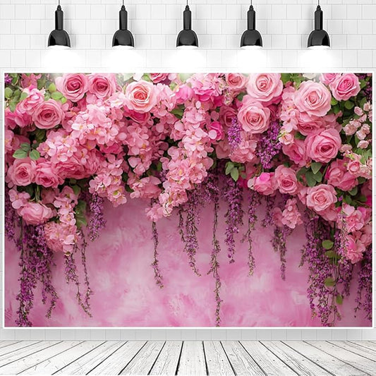 Pink Rose Flower Wall Backdrop for Birthday, Wedding, Bridal Shower, Valentine Day Party Decorations Pregnant Mother Portrait Photo Background (7x5ft)