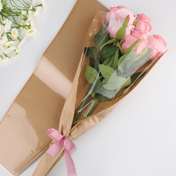 Motroce 50 PCS Flower Bags for Bouquets, 9.5 x 17.9 Inches Flower Wrapping Bags, Kraft Paper Floral Packing Sleeves Bouquet Bag Bulk for Florist's Floral Gift Bag Wedding Graduation, Brown