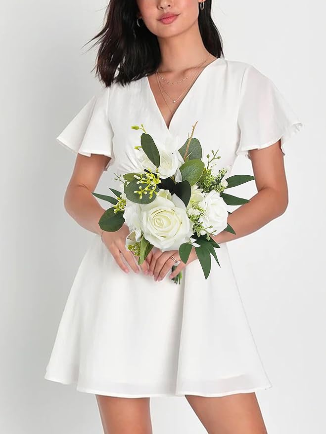 Rinlong 1Pc Wedding Bouquets for Bride Bridesmaids White Rose Green Artificial Flowers Bridesmaids Bridal Bouquet for Wedding Prom