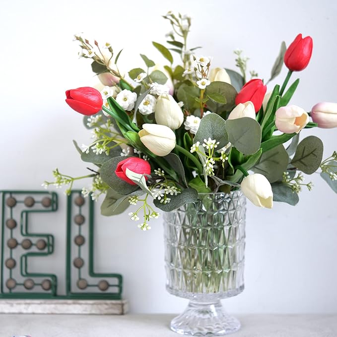 FiveSeasonStuff Real Touch Tulips Artificial Flowers – 15 Stems Faux Tulip Bouquet in Gift Box for Wedding, Home Decor, Party, Floral Arrangements (Cheerful White)