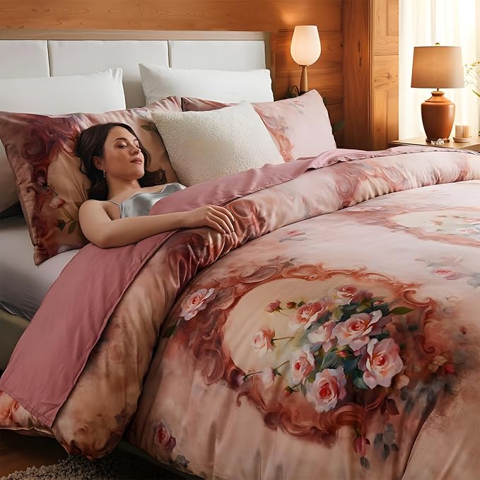 100% Cotton Duvet Cover Set Queen Size – Pink French Vintage Rose Bedding with Zipper Closure, 3-Piece Luxury Romantic Shabby Chic Floral Comforter Cover with 2 Pillowcases