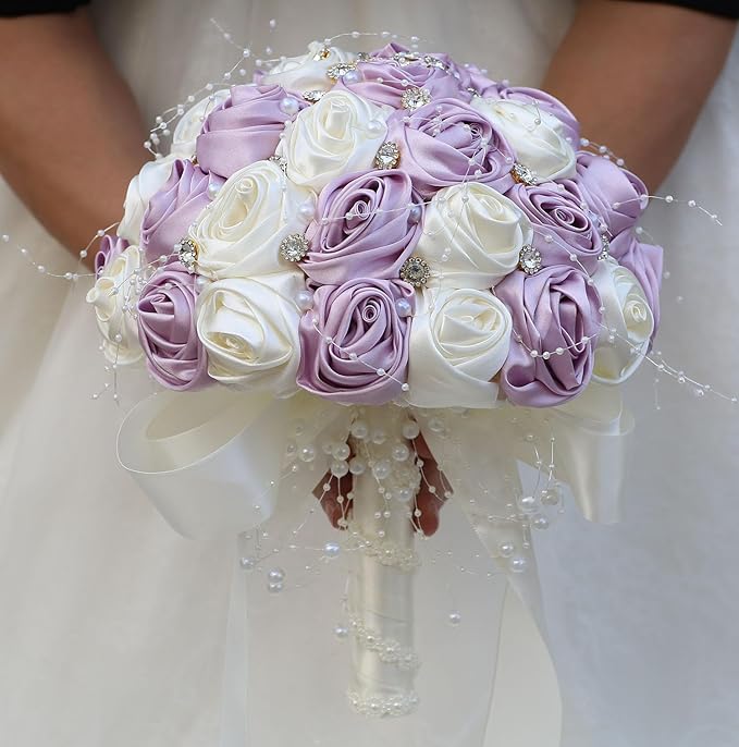 Bridal Wedding Bouquet Round Bling Brooch Bouquet Throw Toss Artificial Rose Flower Bunch for Bride Bridesmaid Wedding Quinceanera(Light Taro Purple & Ivory, 6.3")