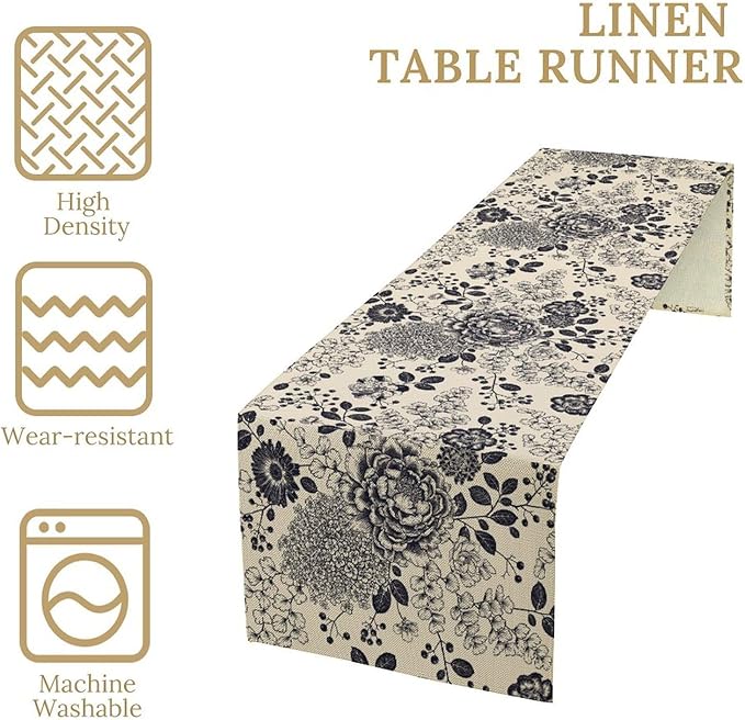 Boho Floral Table Runner, Vintage Rose Peonies Hydrangea Flower Botanical Aesthetic Gothic Beige Black Garden Table Runner for Indoor Outdoor Home Party Holiday Decor, 13x120inch