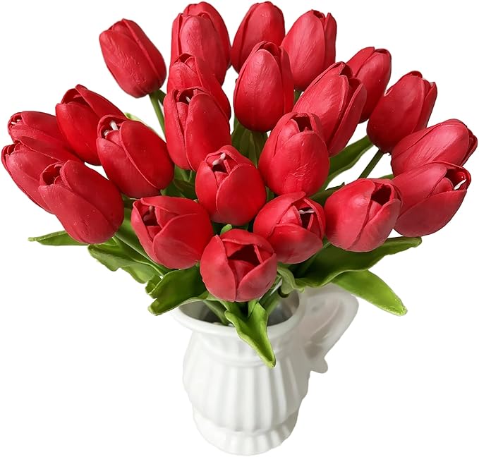 UKELER 24 Pcs Fragrant Red Flowers 13.5" Tall Artificial Tulip Flowers for Home Kitchen Wedding Decorations Tulip Wreath Arrangement