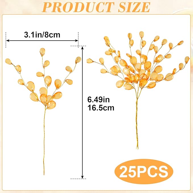 BEIQIYA 25pcs Acrylic Crystal Flower Branches, Artifial Bead Drop Bouquets, Orange Floral Picks Arrangement for Wedding Christmas Thanksgiving Day Home Office Table Top Decortaion