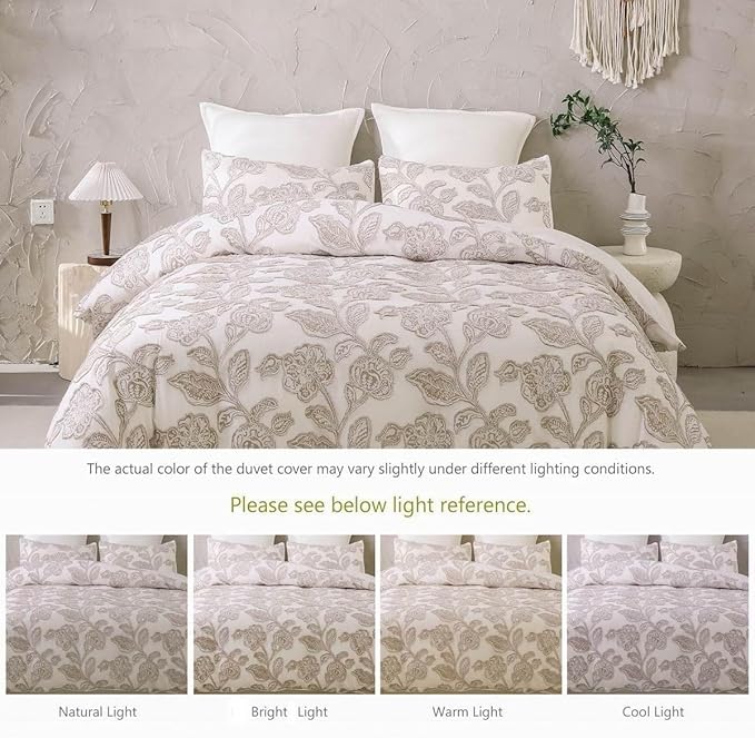 meadow park Cotton Clipped Jacquard Duvet Cover Set Queen, 3 Pieces Jacobean Floral Bedding Set (Taupe, Queen)