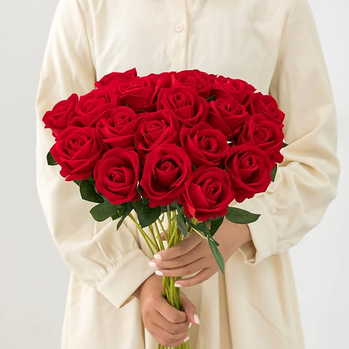 Hawesome 12PCS Artificial Roses Silk Flowers Fake Roses Bouquet Long Stem for Home Wedding Decoration Party (Red)
