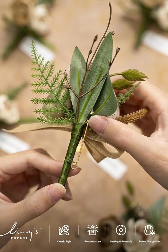 Ling's moment Boutonniere for Men, 6pcs Groom Groomsmen Boutonniere, Artificial Flowers for Wedding Decor/Prom/Homecoming, etc.Brown