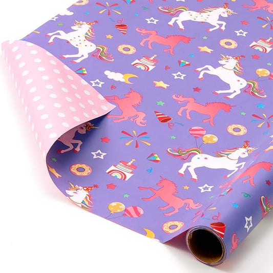 WERNNSAI Unicorn Princess Birthday Wrapping Paper Roll - 1 Roll 17”x 16.4 ft Purple Unicorn Wrapping Paper for Girls Princess Theme Birthday Gift Packing Supply Baby Shower Decor Favor