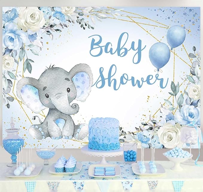 Elephant Baby Shower Backdrop Blue Flower It's A Boy Elephant Baby Shower Party Decoration Photography Background Little Peanut Cake Table Banner Photoshoot Supplies 5x3ft
