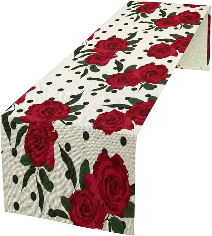 Red Rose Print Table Runner, Romantic Valentines Vintage Rose Spring Summer Dinner Runner Table Decoration for Home Kitchen Dining Holiday Wedding Party 13x60in
